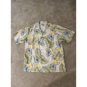 Tommy Bahama Men's Medium Silk Blue & Yellow Hibiscus Floral Hawaiian Shirt